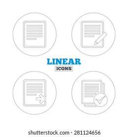 File document icons. Download file symbol. Edit content with pencil sign. Select file with check box. Linear outline web icons. Vector