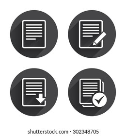 File document icons. Download file symbol. Edit content with pencil sign. Select file with checkbox. Circles buttons with long flat shadow. Vector