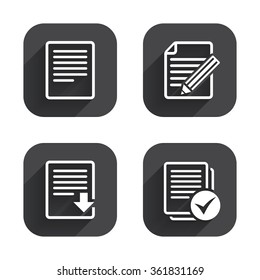 File document icons. Download file symbol. Edit content with pencil sign. Select file with checkbox. Square flat buttons with long shadow.