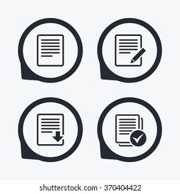 File document icons. Download file symbol. Edit content with pencil sign. Select file with checkbox. Flat icon pointers.