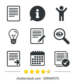 File document icons. Download file symbol. Edit content with pencil sign. Select file with checkbox. Information, light bulb and calendar icons. Investigate magnifier. Vector