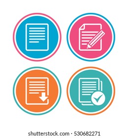 File document icons. Download file symbol. Edit content with pencil sign. Select file with checkbox. Colored circle buttons. Vector