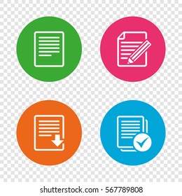 File document icons. Download file symbol. Edit content with pencil sign. Select file with checkbox. Round buttons on transparent background. Vector