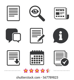 File document icons. Download file symbol. Edit content with pencil sign. Select file with checkbox. Newspaper, information and calendar icons. Investigate magnifier, chat symbol. Vector