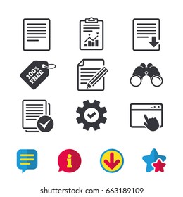 File document icons. Download file symbol. Edit content with pencil sign. Select file with checkbox. Browser window, Report and Service signs. Binoculars, Information and Download icons. Vector