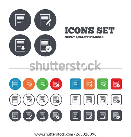 File document icons. Download file symbol. Edit content with pencil sign. Select file with checkbox. Web buttons set. Circles and squares templates. Vector