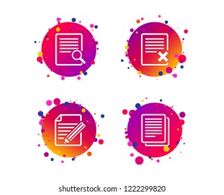 File document icons. Search or find symbol. Edit content with pencil sign. Remove or delete file. Gradient circle buttons with icons. Random dots design. Vector