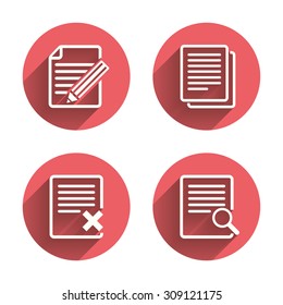 File document icons. Search or find symbol. Edit content with pencil sign. Remove or delete file. Pink circles flat buttons with shadow. Vector