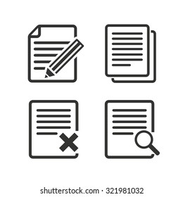 File document icons. Search or find symbol. Edit content with pencil sign. Remove or delete file. Flat icons on white. Vector