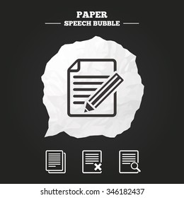 File document icons. Search or find symbol. Edit content with pencil sign. Remove or delete file. Paper speech bubble with icon.