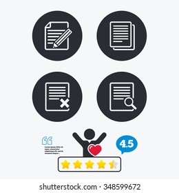 File document icons. Search or find symbol. Edit content with pencil sign. Remove or delete file. Star vote ranking. Client like and think bubble. Quotes with message.
