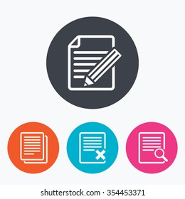 File document icons. Search or find symbol. Edit content with pencil sign. Remove or delete file. Circle flat buttons with icon.