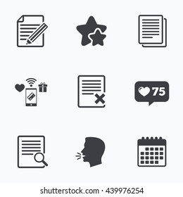 File document icons. Search or find symbol. Edit content with pencil sign. Remove or delete file. Flat talking head, calendar icons. Stars, like counter icons. Vector
