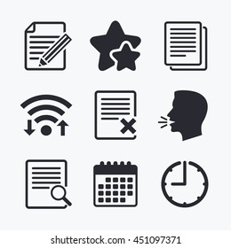 File document icons. Search or find symbol. Edit content with pencil sign. Remove or delete file. Wifi internet, favorite stars, calendar and clock. Talking head. Vector