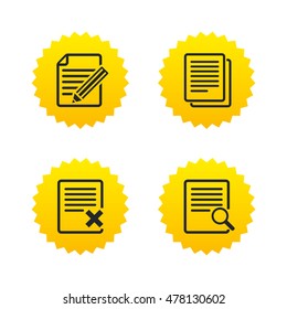 File document icons. Search or find symbol. Edit content with pencil sign. Remove or delete file. Yellow stars labels with flat icons. Vector