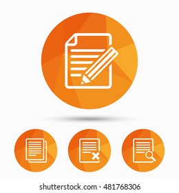 File document icons. Search or find symbol. Edit content with pencil sign. Remove or delete file. Triangular low poly buttons with shadow. Vector
