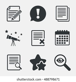 File Document Icons. Search Or Find Symbol. Edit Content With Pencil Sign. Remove Or Delete File. Attention, Investigate And Stars Icons. Telescope And Calendar Signs. Vector