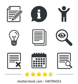 File document icons. Search or find symbol. Edit content with pencil sign. Remove or delete file. Information, light bulb and calendar icons. Investigate magnifier. Vector