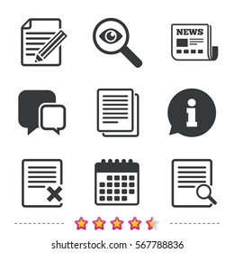 File document icons. Search or find symbol. Edit content with pencil sign. Remove or delete file. Newspaper, information and calendar icons. Investigate magnifier, chat symbol. Vector