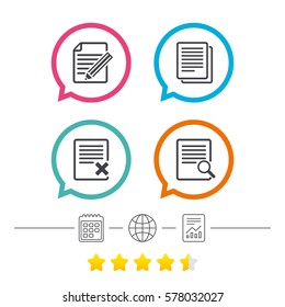 File document icons. Search or find symbol. Edit content with pencil sign. Remove or delete file. Calendar, internet globe and report linear icons. Star vote ranking. Vector
