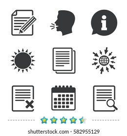 File document icons. Search or find symbol. Edit content with pencil sign. Remove or delete file. Information, go to web and calendar icons. Sun and loud speak symbol. Vector