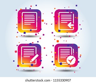File document icons. Upload file symbol. Edit content with pencil sign. Select file with checkbox. Colour gradient square buttons. Flat design concept. Vector
