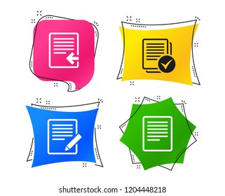 File document icons. Upload file symbol. Edit content with pencil sign. Select file with checkbox. Geometric colorful tags. Banners with flat icons. Trendy design. Vector