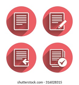 File document icons. Upload file symbol. Edit content with pencil sign. Select file with checkbox. Pink circles flat buttons with shadow. Vector