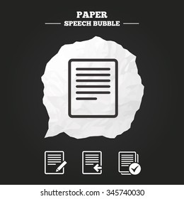 File document icons. Upload file symbol. Edit content with pencil sign. Select file with checkbox. Paper speech bubble with icon.