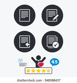 File document icons. Upload file symbol. Edit content with pencil sign. Select file with checkbox. Star vote ranking. Client like and think bubble. Quotes with message.