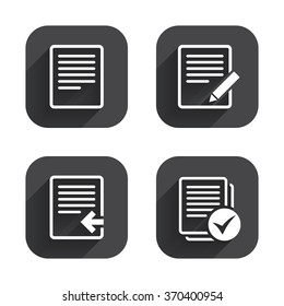 File document icons. Upload file symbol. Edit content with pencil sign. Select file with checkbox. Square flat buttons with long shadow.