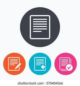 File document icons. Upload file symbol. Edit content with pencil sign. Select file with checkbox. Circle flat buttons with icon.