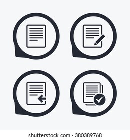 File document icons. Upload file symbol. Edit content with pencil sign. Select file with checkbox. Flat icon pointers.