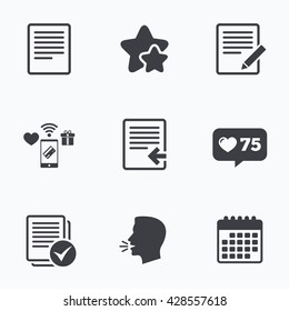 File document icons. Upload file symbol. Edit content with pencil sign. Select file with checkbox. Flat talking head, calendar icons. Stars, like counter icons. Vector