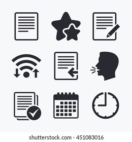 File document icons. Upload file symbol. Edit content with pencil sign. Select file with checkbox. Wifi internet, favorite stars, calendar and clock. Talking head. Vector