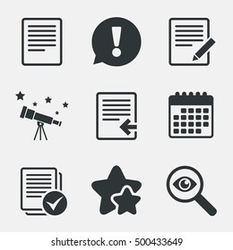 File document icons. Upload file symbol. Edit content with pencil sign. Select file with checkbox. Attention, investigate and stars icons. Telescope and calendar signs. Vector
