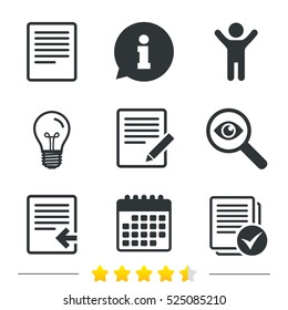 File document icons. Upload file symbol. Edit content with pencil sign. Select file with checkbox. Information, light bulb and calendar icons. Investigate magnifier. Vector