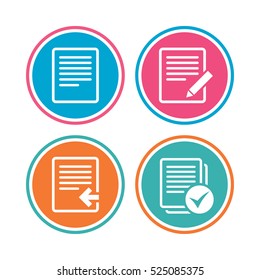 File document icons. Upload file symbol. Edit content with pencil sign. Select file with checkbox. Colored circle buttons. Vector