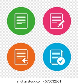 File document icons. Upload file symbol. Edit content with pencil sign. Select file with checkbox. Round buttons on transparent background. Vector