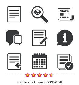 File document icons. Upload file symbol. Edit content with pencil sign. Select file with checkbox. Newspaper, information and calendar icons. Investigate magnifier, chat symbol. Vector