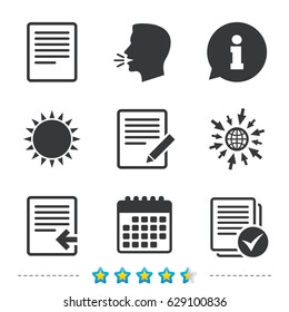File document icons. Upload file symbol. Edit content with pencil sign. Select file with checkbox. Information, go to web and calendar icons. Sun and loud speak symbol. Vector