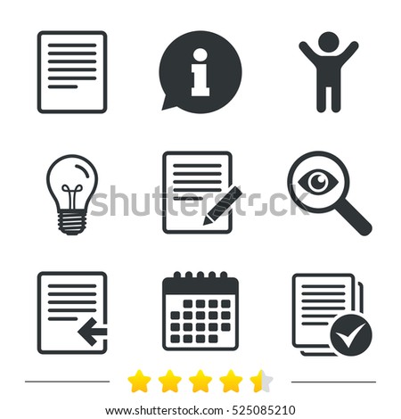 File document icons. Upload file symbol. Edit content with pencil sign. Select file with checkbox. Information, light bulb and calendar icons. Investigate magnifier. Vector