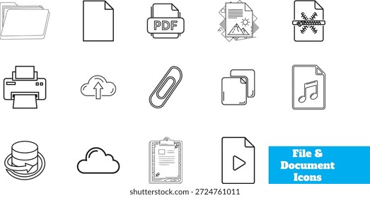 Sammlung von Symbolen für Datei- und Dokumentgliederung - Symbol für Ordner, Papier, Bericht, PDF und Office-Dokumentzeile für Web- und Mobile-Design
