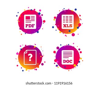 File document and question icons. XLS, PDF and DOC file symbols. Download or save doc signs. Gradient circle buttons with icons. Random dots design. Vector
