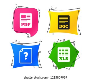 File document and question icons. XLS, PDF and DOC file symbols. Download or save doc signs. Geometric colorful tags. Banners with flat pdf, doc icons. Trendy design. Vector