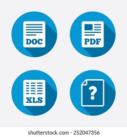 File document and question icons. XLS, PDF and DOC file symbols. Download or save doc signs. Circle concept web buttons. Vector