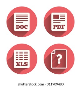 File document and question icons. XLS, PDF and DOC file symbols. Download or save doc signs. Pink circles flat buttons with shadow. Vector