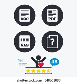 File document and question icons. XLS, PDF and DOC file symbols. Download or save doc signs. Star vote ranking. Client like and think bubble. Quotes with message.