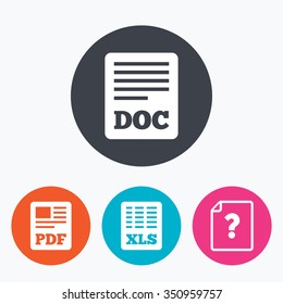 File document and question icons. XLS, PDF and DOC file symbols. Download or save doc signs. Circle flat buttons with icon.