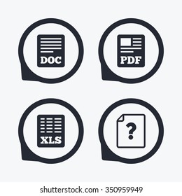 File document and question icons. XLS, PDF and DOC file symbols. Download or save doc signs. Flat icon pointers.